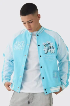 Oversized Boxy Floral Applique Jersey Varsity Jacket | BoohooMAN UK