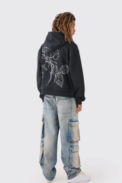 Oversized Boxy Floral Line Drawing Hoodie | BoohooMAN UK