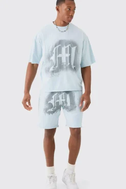 Oversized Boxy Graffiti Spray Graphic Raw Hem T-shirt Set | BoohooMAN UK