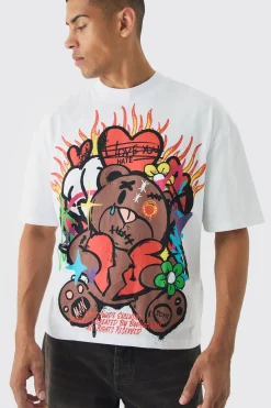 Oversized Boxy Grafitti Bear Graphic T-shirt | BoohooMAN UK