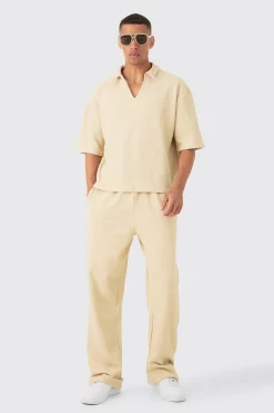 Oversized Boxy Half Sleeve V Neck Polo And Trouser Set | BoohooMAN UK