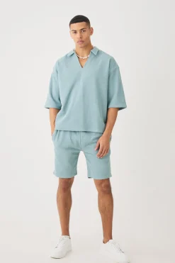 Oversized Boxy Half Sleeve V Neck Polo And Short Set | BoohooMAN UK