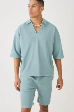 Oversized Boxy Half Sleeve V Neck Polo And Short Set | BoohooMAN UK