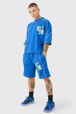 Oversized Boxy Half Sleeve BM Print T-shirt & Short Set | BoohooMAN UK