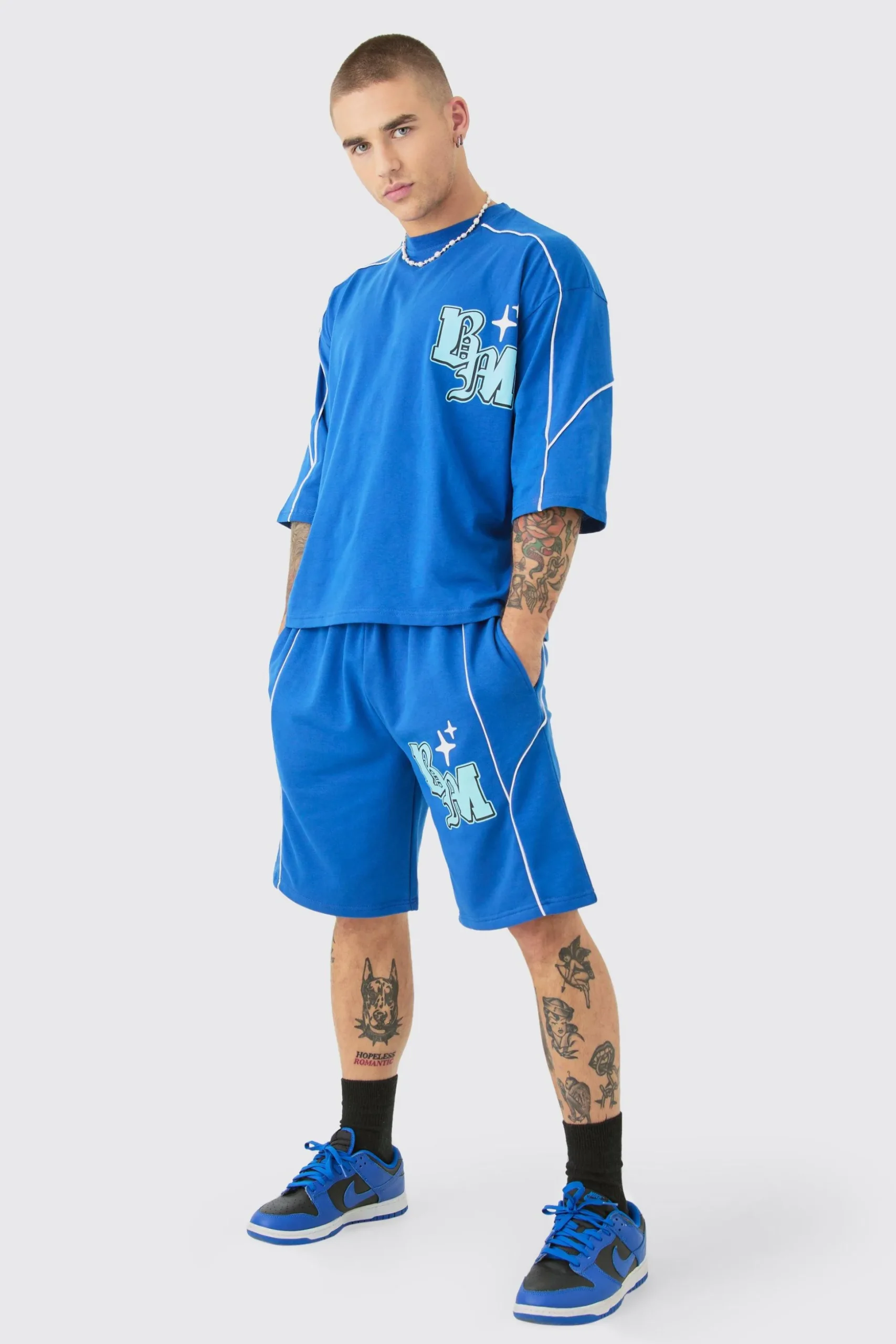 Oversized Boxy Half Sleeve BM Print T-shirt & Short Set | BoohooMAN UK