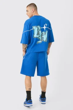 Oversized Boxy Half Sleeve BM Print T-shirt & Short Set | BoohooMAN UK