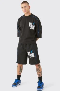 Oversized Boxy Half Sleeve BM Print Raw Hem T-shirt Set | BoohooMAN UK