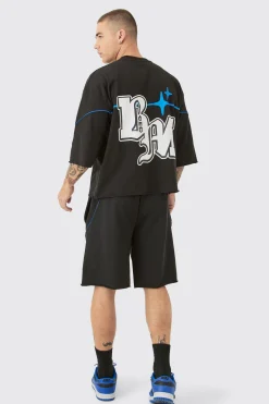Oversized Boxy Half Sleeve BM Print Raw Hem T-shirt Set | BoohooMAN UK