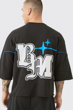 Oversized Boxy Half Sleeve BM Print Raw Hem T-shirt Set | BoohooMAN UK