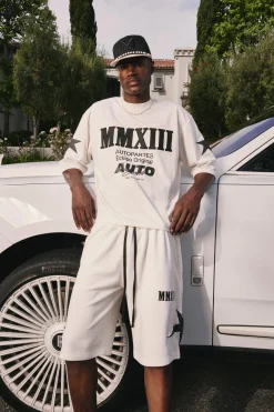 Oversized Boxy Half Sleeve Moto Applique T-shirt & Short Set | BoohooMAN UK