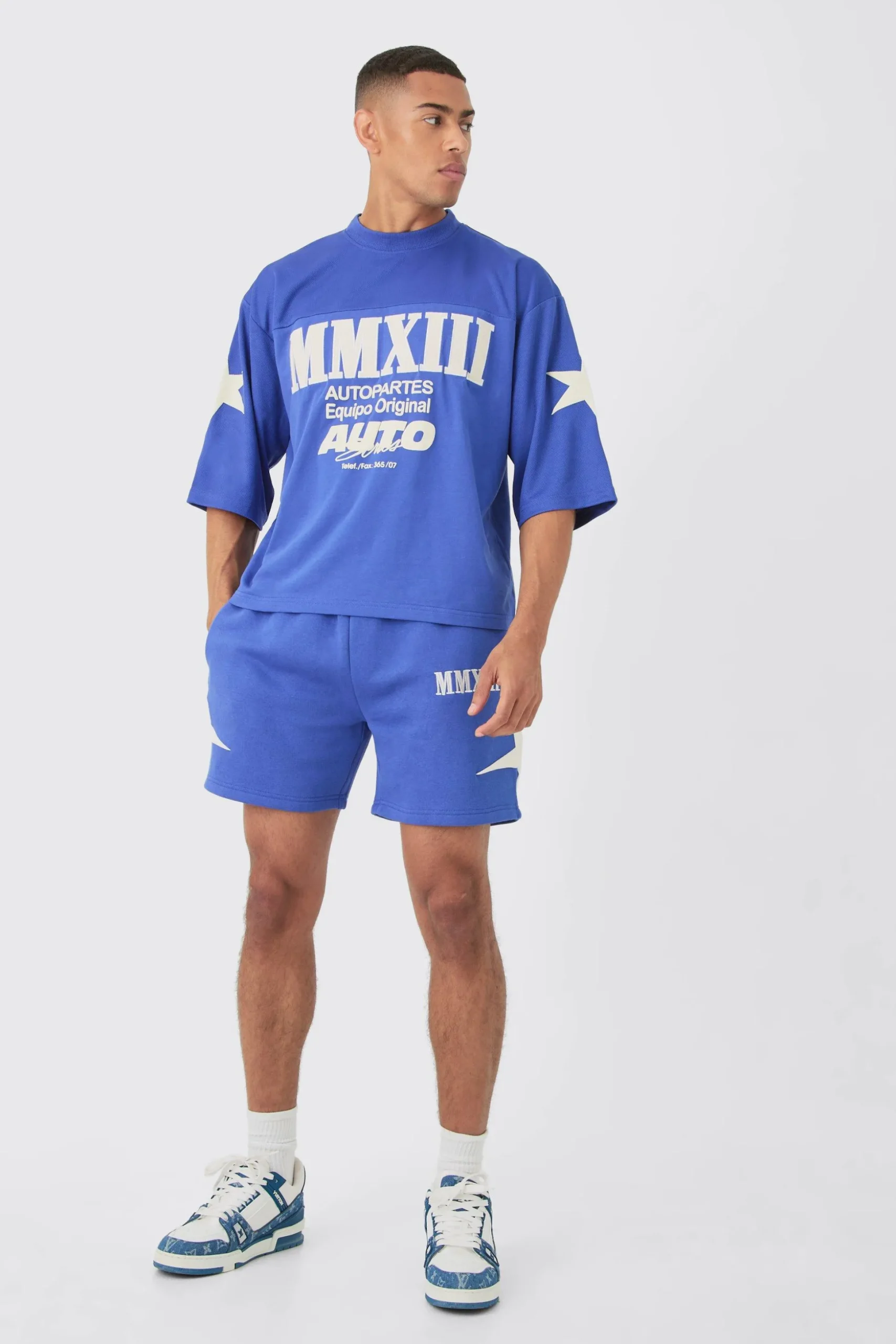 Oversized Boxy Half Sleeve Applique Moto T-shirt & Short Set | BoohooMAN UK