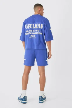 Oversized Boxy Half Sleeve Applique Moto T-shirt & Short Set | BoohooMAN UK