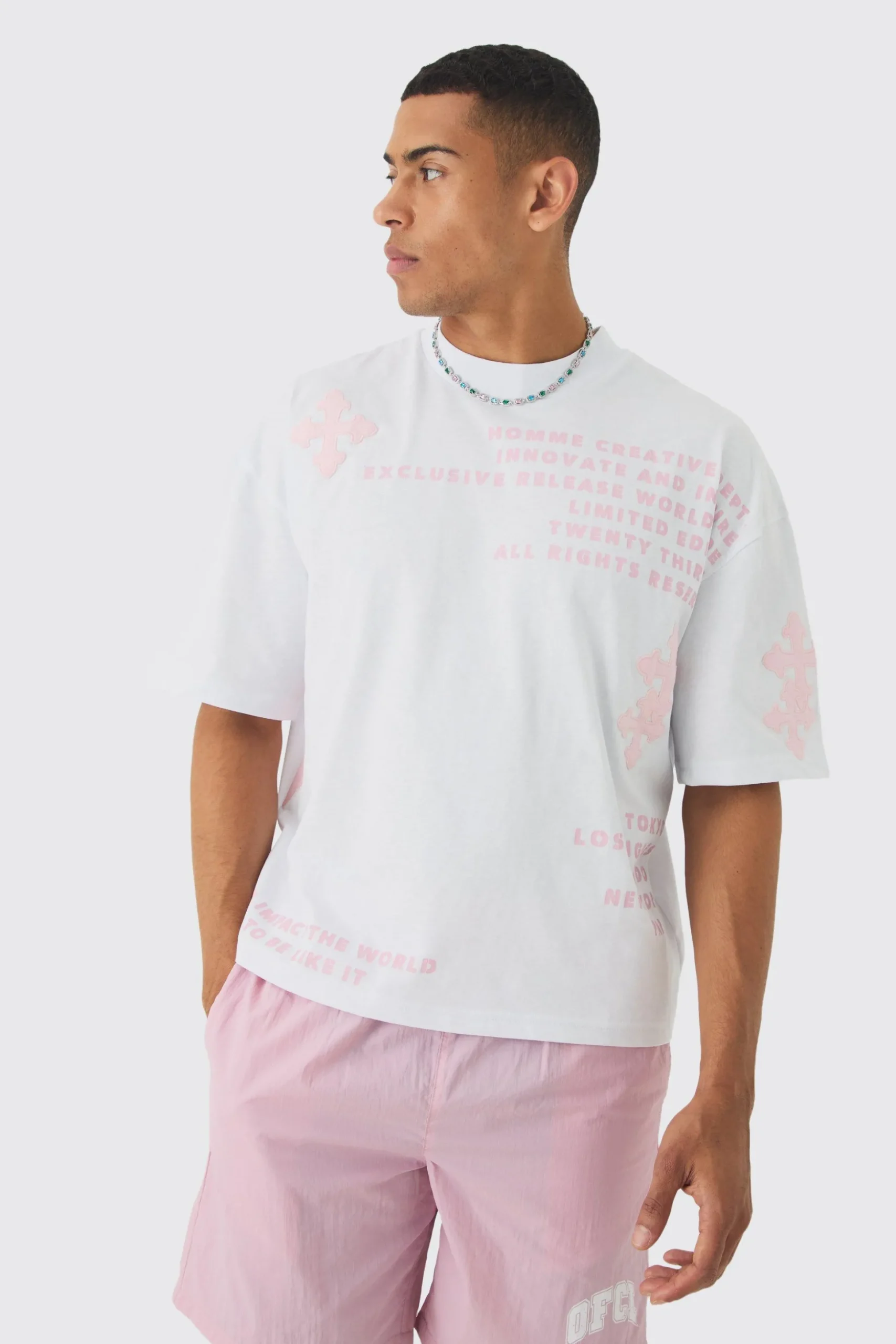 Oversized Boxy Half Sleeve Cross Applique T-shirt | BoohooMAN UK