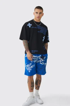 Oversized Boxy Half Sleeve Cross Applique T-shirt & Short Set | BoohooMAN UK