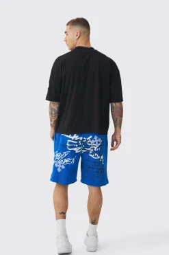 Oversized Boxy Half Sleeve Cross Applique T-shirt & Short Set | BoohooMAN UK