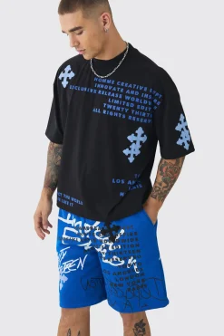 Oversized Boxy Half Sleeve Cross Applique T-shirt & Short Set | BoohooMAN UK