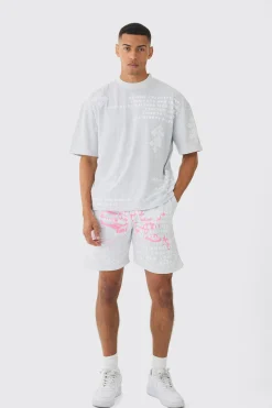 Oversized Boxy Half Sleeve Cross Applique T-shirt & Short Set | BoohooMAN UK