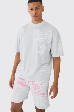 Oversized Boxy Half Sleeve Cross Applique T-shirt & Short Set | BoohooMAN UK