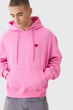 Oversized Boxy Heart Embroidered Hoodie | BoohooMAN UK