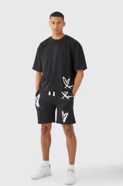 Oversized Boxy Heart Print T-shirt And Short Set | BoohooMAN UK