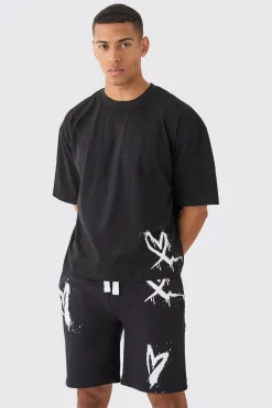 Oversized Boxy Heart Print T-shirt And Short Set | BoohooMAN UK