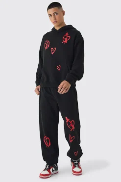 Oversized Boxy Heart Print Tracksuit | BoohooMAN UK