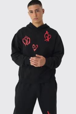 Oversized Boxy Heart Print Tracksuit | BoohooMAN UK