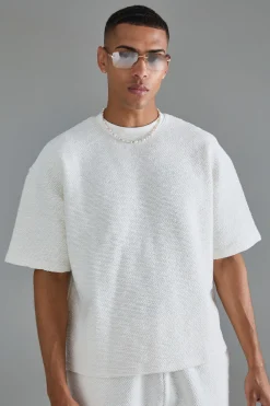 Oversized Boxy Heavy Boucle Short Sleeve Sweatshirt | BoohooMAN UK