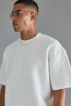 Oversized Boxy Heavy Boucle Short Sleeve Sweatshirt | BoohooMAN UK