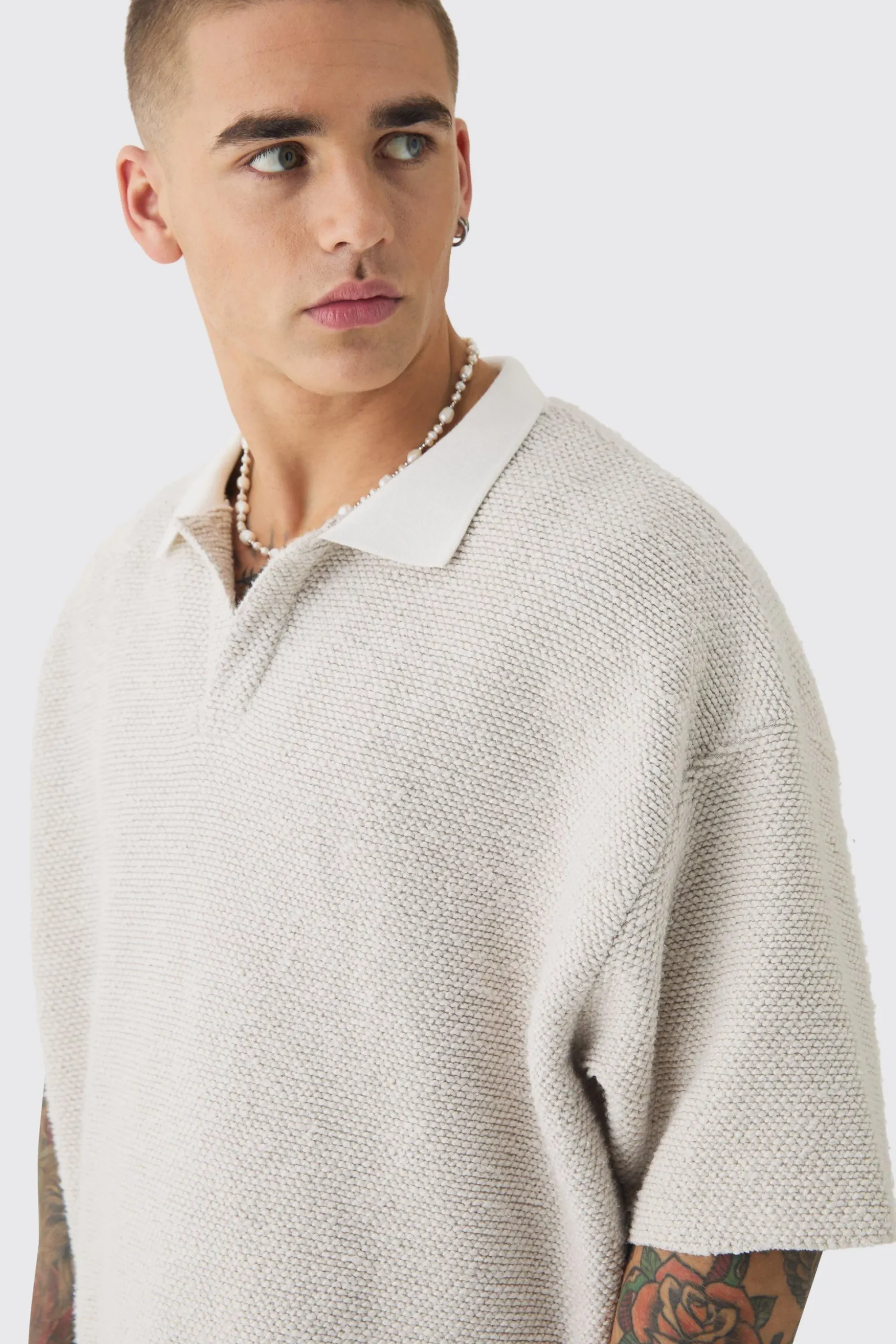 Oversized Boxy Heavy Boucle Short Sleeve Rugby Sweat | BoohooMAN UK