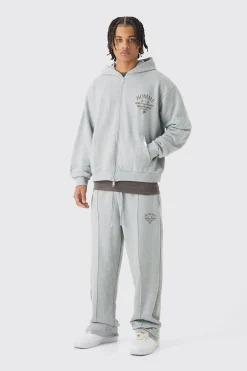 Oversized Boxy Heavy Hooded Zip Through Tracksuit | BoohooMAN UK