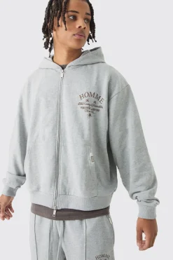 Oversized Boxy Heavy Hooded Zip Through Tracksuit | BoohooMAN UK