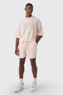 Oversized Boxy Heavy Jumbo Waffle Sweatshirt & Short Set | BoohooMAN UK