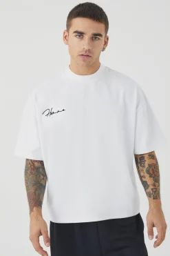 Oversized Boxy Heavyweight Peached Embroidered T-shirt | BoohooMAN UK