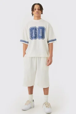 Oversized Boxy Heavyweight Waffle Varsity T-shirt & Short Set | BoohooMAN UK