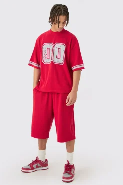 Oversized Boxy Heavyweight Waffle Varsity T-shirt & Short Set | BoohooMAN UK