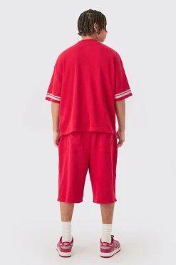 Oversized Boxy Heavyweight Waffle Varsity T-shirt & Short Set | BoohooMAN UK
