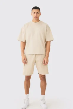 Oversized Boxy Heavyweight T-shirt & Ribbed Cargo Shorts Set | BoohooMAN UK