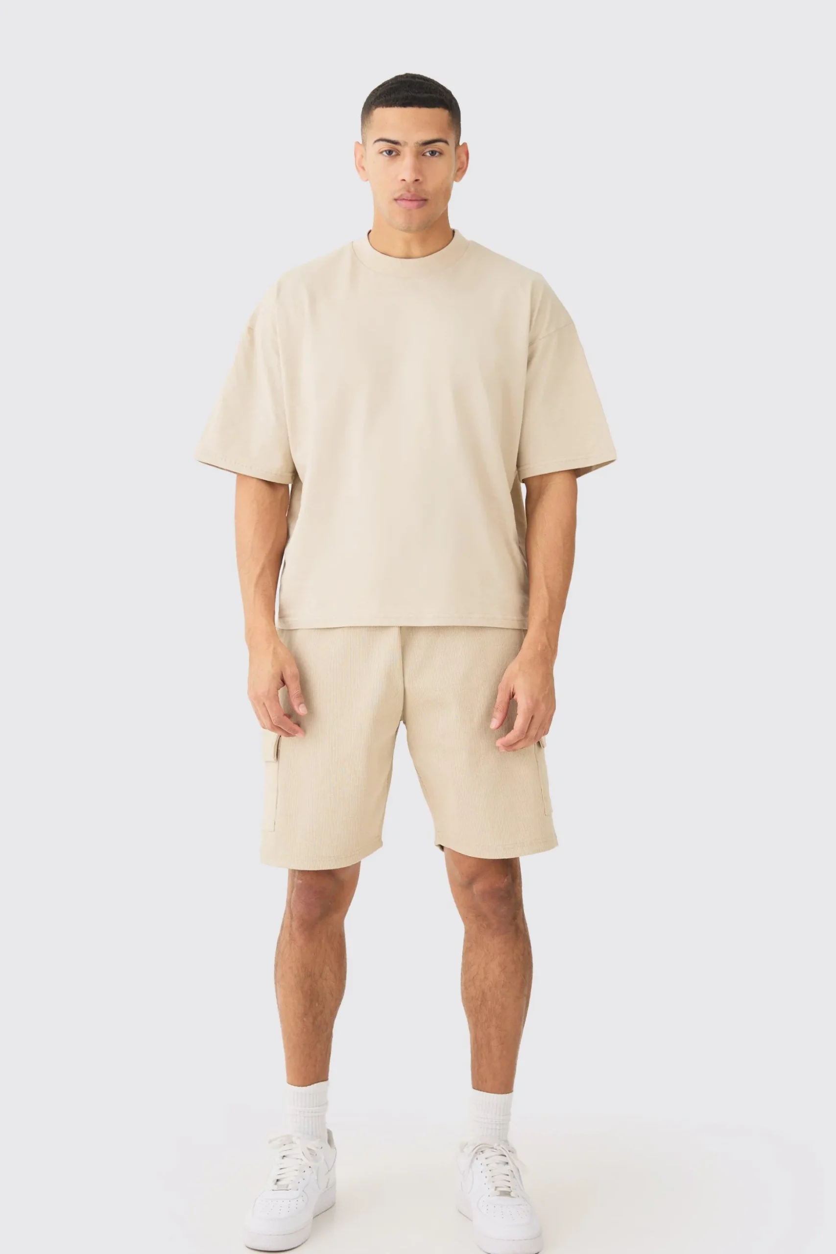 Oversized Boxy Heavyweight T-shirt & Ribbed Cargo Shorts Set | BoohooMAN UK