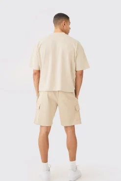 Oversized Boxy Heavyweight T-shirt & Ribbed Cargo Shorts Set | BoohooMAN UK