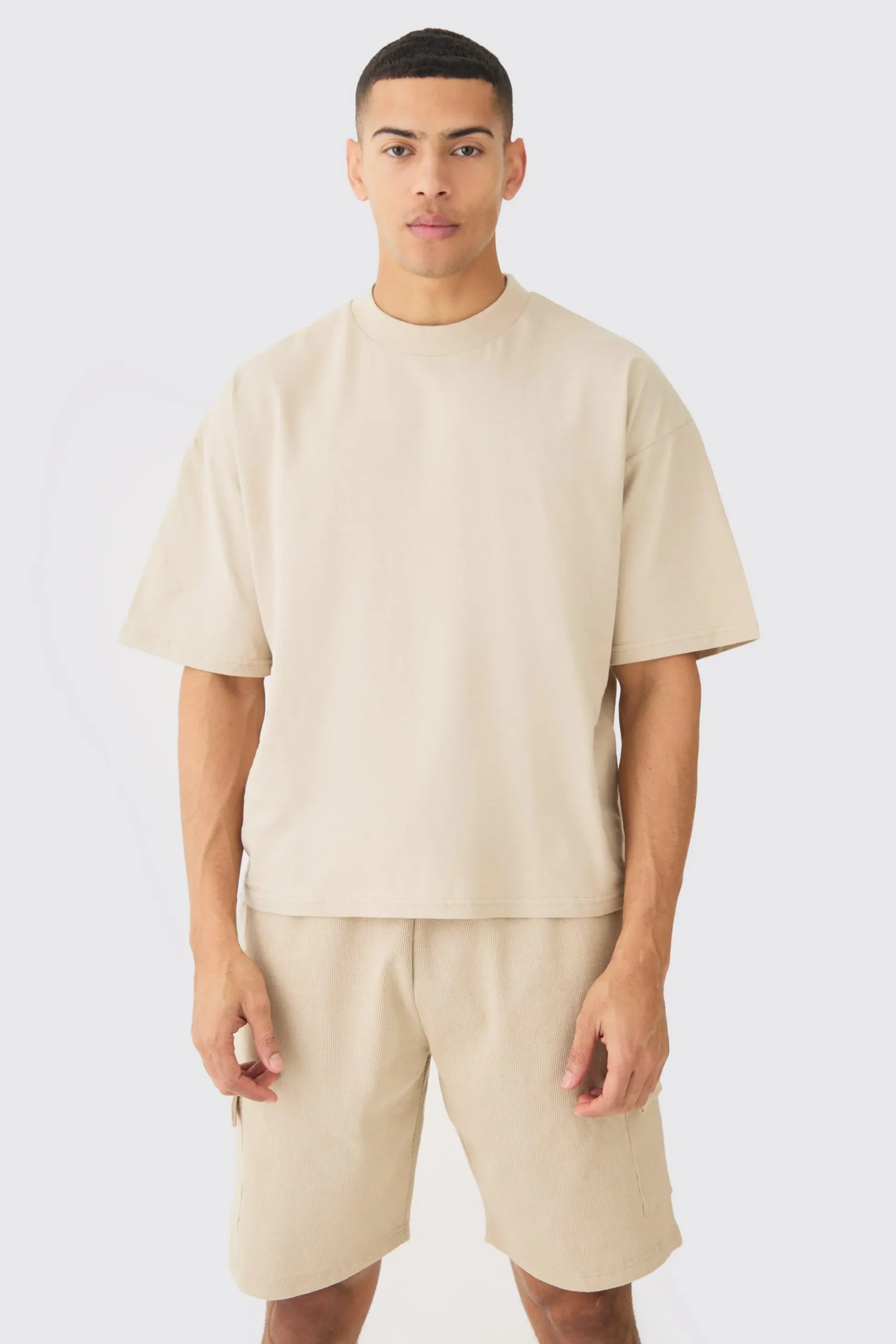 Oversized Boxy Heavyweight T-shirt & Ribbed Cargo Shorts Set | BoohooMAN UK