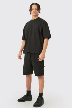 Oversized Boxy Heavyweight T-shirt & Ribbed Cargo Shorts Set | BoohooMAN UK
