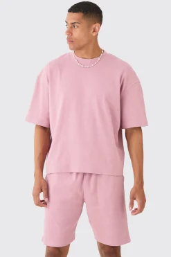 Oversized Boxy Heavyweight Ribbed T-shirt & Shorts Set | BoohooMAN UK