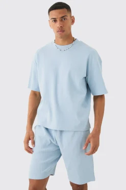Oversized Boxy Heavyweight Ribbed T-shirt & Shorts Set | BoohooMAN UK
