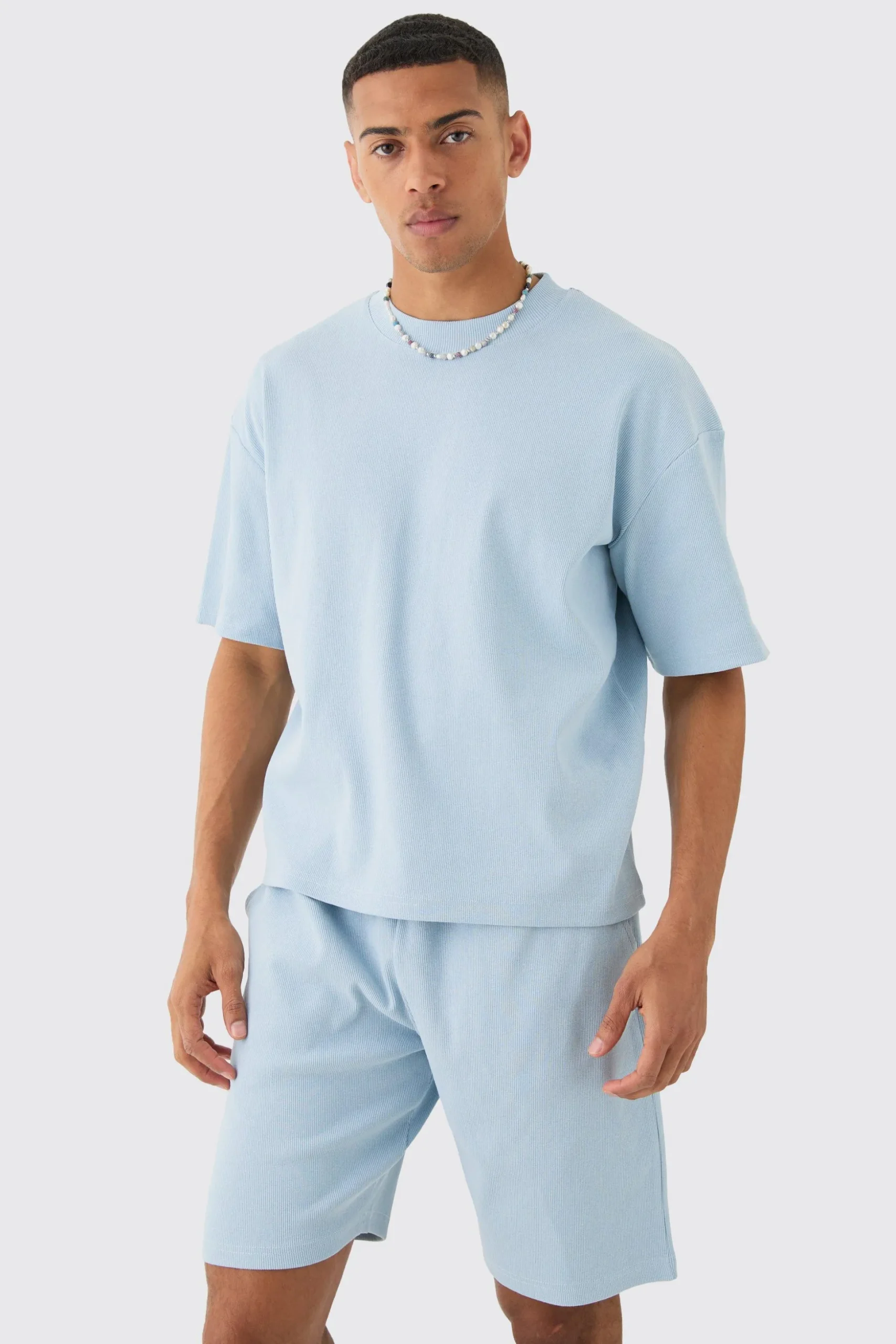 Oversized Boxy Heavyweight Ribbed T-shirt & Shorts Set | BoohooMAN UK