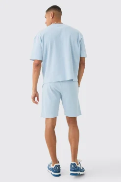 Oversized Boxy Heavyweight Ribbed T-shirt & Shorts Set | BoohooMAN UK