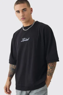 Oversized Boxy Heavyweight Embroidered Faux Layer T-shirt | BoohooMAN UK