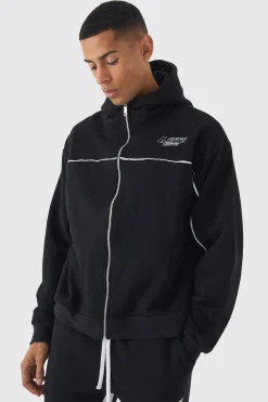 Oversized Boxy Heavyweight Embroidered Hoodie With Piping | BoohooMAN UK
