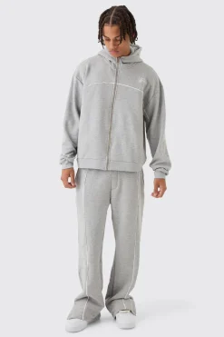 Oversized Boxy Heavyweight Embroidered Piping Hooded Tracksuit | BoohooMAN UK