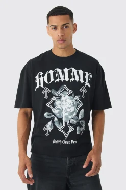 Oversized Boxy Homme Cross Print T-Shirt | BoohooMAN UK